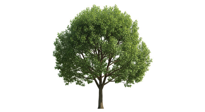 Isolated broadleaf tree with dense foliage, vibrant green leaves and sturdy trunk for design