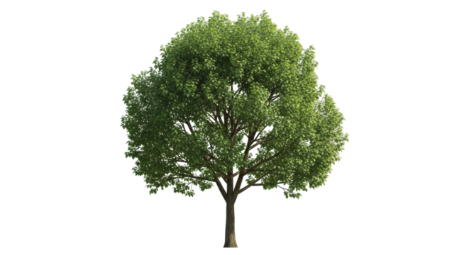 Isolated broadleaf tree with dense foliage, vibrant green leaves and sturdy trunk for design