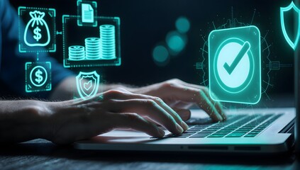 Hands Typing Secure Finance Analytics Dashboard Interface