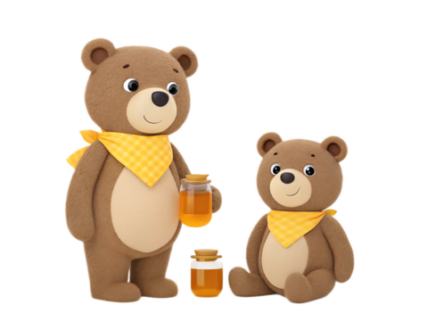 Two cartoon bears one standing holding honey and one sitting with honey jars on a black background