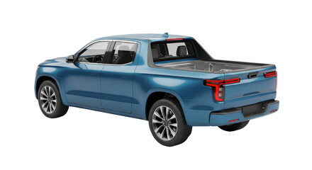 Isolated blue pickup truck rear three-quarter studio shot, clean and modern aesthetic vehicle