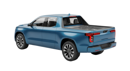 Isolated blue pickup truck rear three-quarter studio shot, clean and modern aesthetic vehicle