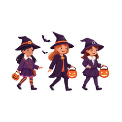 Three little witches trick or treating on Halloween.
