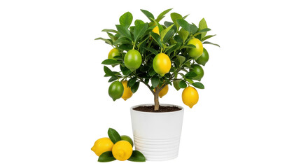 Isolated potted lemon tree with ripe citrus fruit, indoor growing, ornamental plant