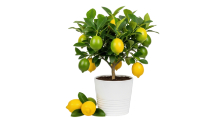 Isolated potted lemon tree with ripe citrus fruit, indoor growing, ornamental plant