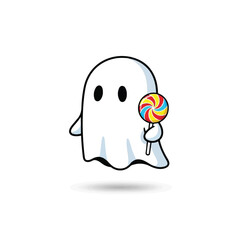 A cute cartoon ghost holding a colorful lollipop, floating against a white background.