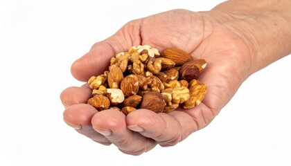 A handful of assorted nuts in a hand, showcasing the variety and natural goodness. The image captures the textures and colors of walnuts, almonds, and other nuts