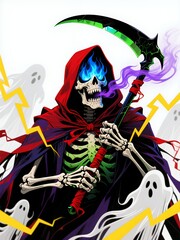 Obraz premium Neon Grim Reaper with Green Scythe, Red Cloak, and Ghosts Illustration