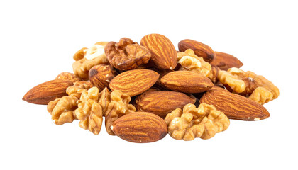 A close-up shot of a variety of nuts, including almonds and walnuts, arranged in a pile