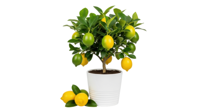 Isolated potted lemon tree with ripe citrus fruit, indoor growing, ornamental plant