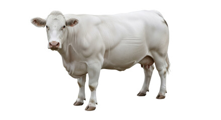 Isolated female dairy cow stands looking toward the viewer for dairy, farm, meat use cases