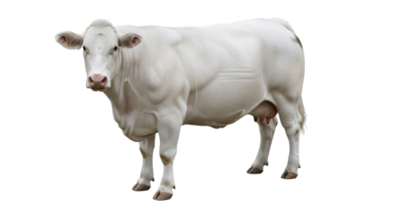 Isolated female dairy cow stands looking toward the viewer for dairy, farm, meat use cases