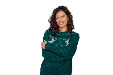 Smiling woman wearing a festive green reindeer christmas sweater, celebrating winter holidays, transparent background
