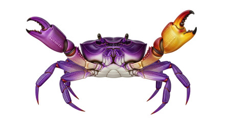Isolated crab with one golden claw and one purple claw, illustration of colorful crab