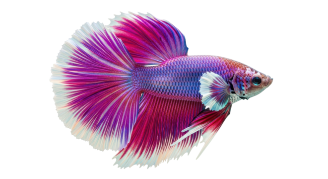 Isolated iridescent Betta fish with vibrant pink and purple flowing fins and scales