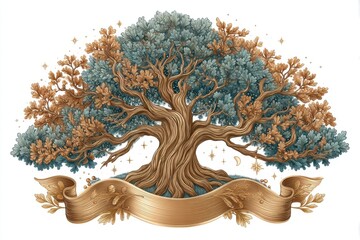 Ancient Oak Tree with Gold Ribbon Illustration