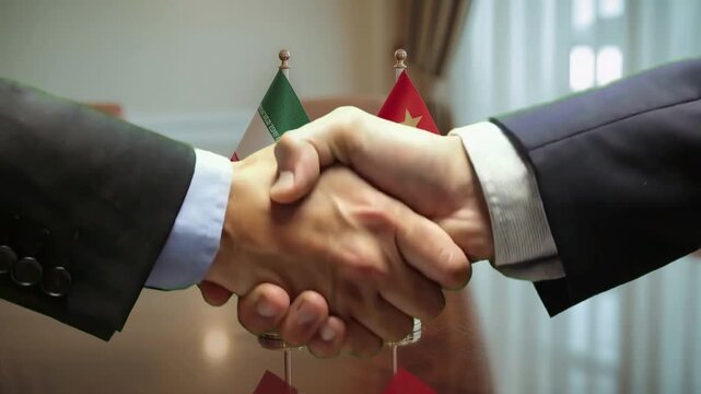 Iran and China flags symbolize diplomatic relations on a conference table, reflecting global trade and international partnerships in a modern setting