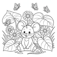 Fototapeta premium Cute mouse coloring page. Adorable cartoon animal illustration. Happy mouse sitting among flowers and large leaves with flying butterflies. Perfect activity sheet for children.