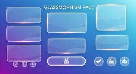 Glassmorphism pack of transparent glass shapes with icons on gradient background