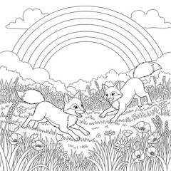 Fototapeta premium Happy foxes playing coloring page. Adorable cartoon animal illustration. Two foxes running through a field of flowers with a rainbow in the sky. Fun activity sheet for kids.