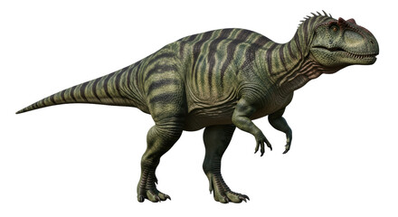 Isolated green Giganotosaurus dinosaur with striped skin pattern in a standing position