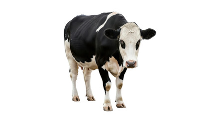 Isolated black and white dairy cow standing looking straight ahead in studio shot light