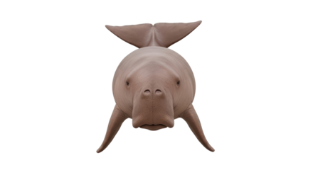 Isolated Dugong swimming animal with horizontal fluked tail and paddle-like flippers on a plain field