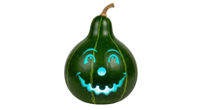 Isolated gourded jack-o'-lantern face, carved gourd shaped like pear with smiling expression