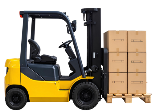 Firefly_Yellow forklift carrying cardboard boxes on wooden pallet, side view, isolated on tra (2)