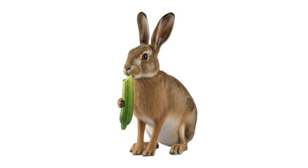 Isolated hare with a cucumber poses in a studio while eating a vegetable close-up
