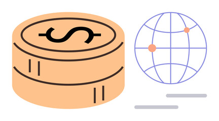 Stacked coins with dollar sign and geometric globe with two connection dots, representing global economy, trade, financial transactions, investment, world currency, banking, economic mobility, simple