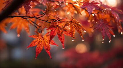 Vibrant red maple leaves glisten with raindrops in soft glow of autumn light, creating serene and peaceful atmosphere. delicate droplets enhance rich colors of foliage