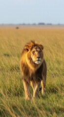 Majestic African Lion King Standing Tall in Golden Savanna Grass