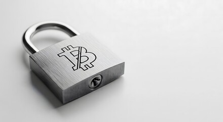 Metal Padlock with Engraved Bitcoin Symbol on Clean Background, Secure Cryptocurrency Asset, Blockchain Security, Digital Finance Protection, Crypto Lock, Cybersecurity Concept, Money Encryption