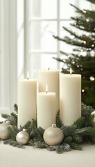 Elegant Christmas Decor Featuring Creamy Pillars, Green Frosted Branches, and Silvery Ornaments