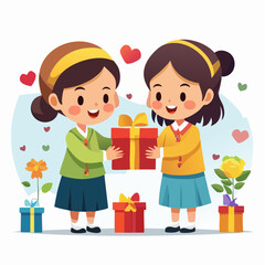 Two Friends Exchanging Gifts and Celebrating