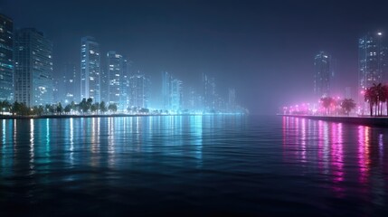 Fototapeta premium Nighttime Cityscape Reflection on Calm Water with Blue and Purple Illumination Tall Buildings and City Lights along Shoreline