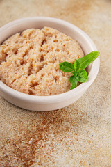 Canned crab meat seafood natural product tasty snack fresh delicious gourmet food background on the table rustic top view copy space pescetarian diet