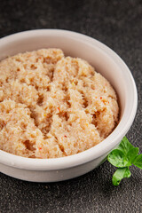 Canned crab meat seafood natural product tasty snack fresh delicious gourmet food background on the table rustic top view copy space pescetarian diet