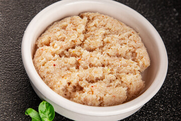 Canned crab meat seafood natural product tasty snack fresh delicious gourmet food background on the table rustic top view copy space pescetarian diet