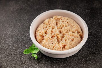 Canned crab meat seafood natural product tasty snack fresh delicious gourmet food background on the table rustic top view copy space pescetarian diet