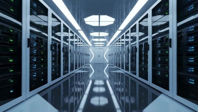 Modern Data Center Corridor with Rows of High-Tech Server Racks