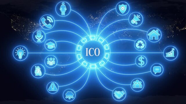 I C O Initial Coin Offering Global Network Connections Digital Finance Technology Concept Futuristic Blue Neon Icons Orbiting Earth at Night Connected World Business Investment