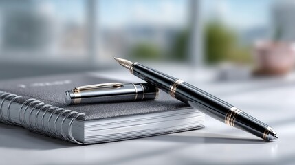 Notepad with Pen Cinematic Hdr Flatlay Black and White Stationery on Light Gray Surface with Blurred Background