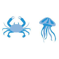 Simple blue illustration of a crab and a jellyfish, marine sea creatures with minimal design style, isolated on white background, ideal for ocean, aquatic, and nature concepts.
