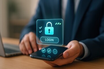 Businessman holding smartphone with holographic secure login lock icon
