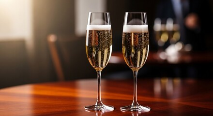 Two champagne flutes filled with sparkling wine on a wooden table in a restaurant.