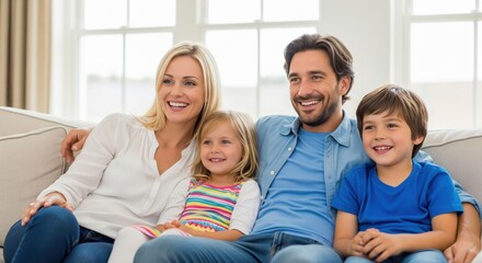 Obraz premium Happy Family Relaxing on Sofa Together. A family of four, including parents and two young children, are sitting together on a sofa, smiling and looking at something off-camera, portraying a loving