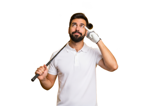Man wearing white polo shirt holding golf club with thoughtful expression and finger on temple isolated on transparent background