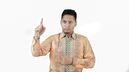 Man Pointing Upwards A Person in a Shirt Indicating Direction and Ideas